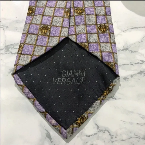 Versace Purple Grey Checkered Medusa Print Tie EUC - Picture 5 of 6